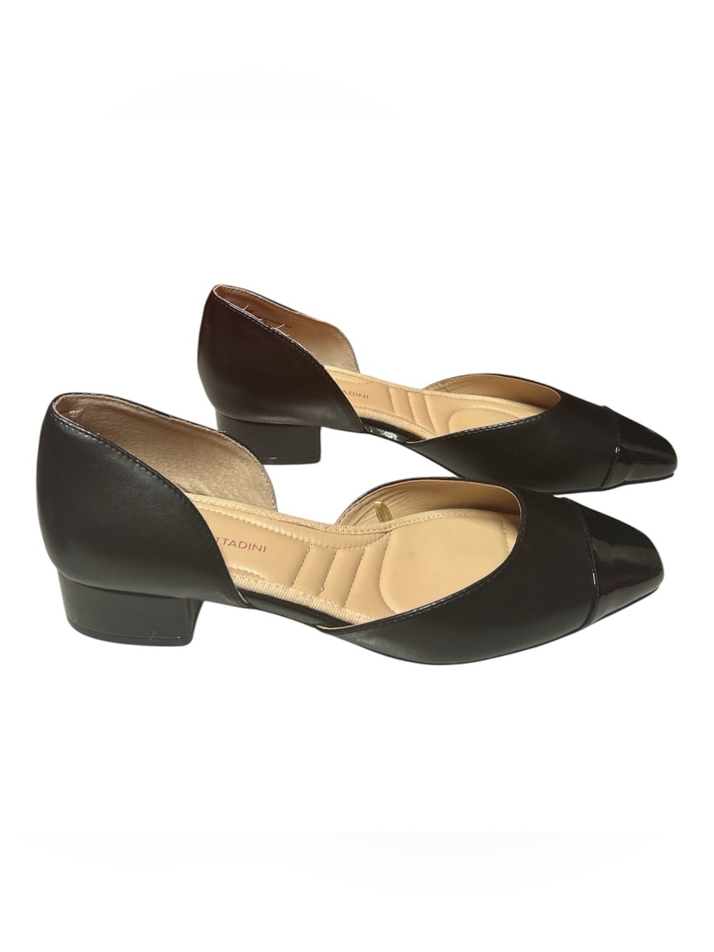 Adrienne Vittadini d'Orsey glossy cap toe block heel pumps with cushioned insole